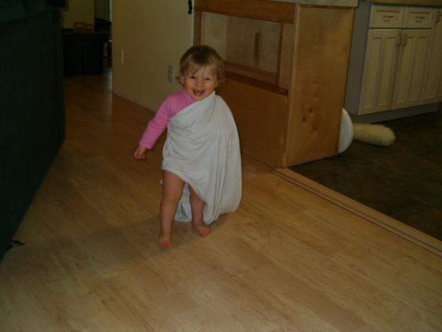 striding around in her toga